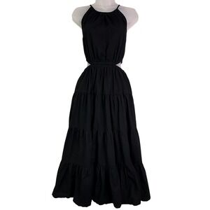 J. Crew Black poplin Halter Cutout Tiered Maxi Dress Sz M vacation resort beach